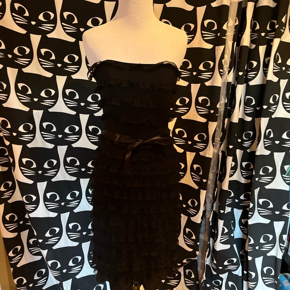 Vintage Betsey Johnson Strapless Black Ruffle Dress with Satin Waist Tie